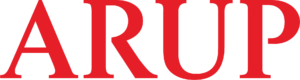 Arup logo with the name written in capital letters in red writing on a white background
